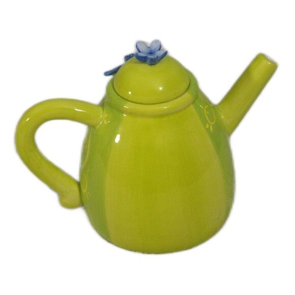 Burton & Burton Green Ceramic Teapot with Blue Flower Hand Painted Floral Lid - Picture 2 of 4